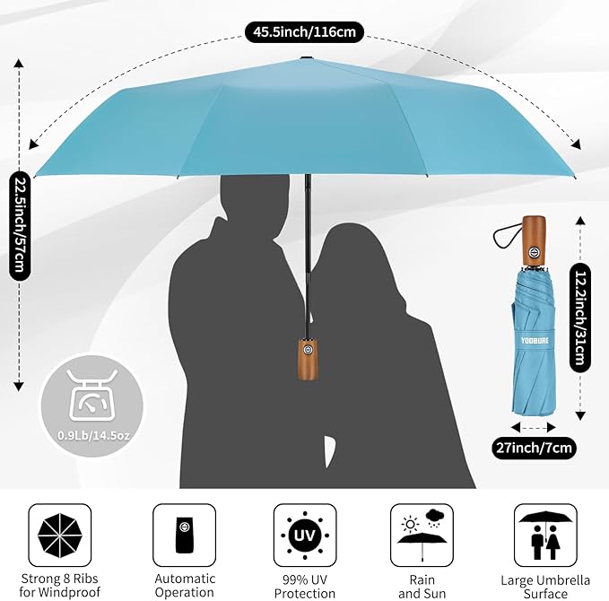 Yoobure Windproof Travel Umbrella with Wood Handle - Automatic Umbrellas for Rain & UV Sun Protection, Compact 46" Large Canopy, Lightweight Backpack Portable for Walking & Outdoor