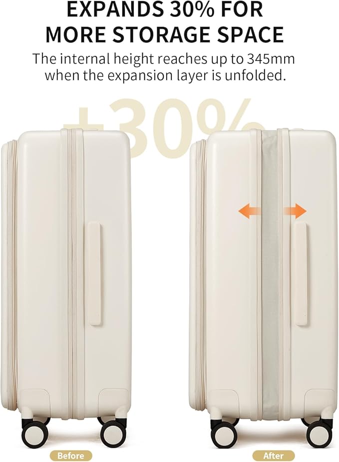 aji Expandable Top Open 26 Inch Checked Luggage with Spinner Wheels, Large Suitcase with TSA Lock, Hardside Travel Luggage Suitcases for Men Women, for 24+Days Travel, Coconut White
