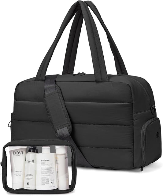 Gitus Carry On Duffle Gym Bag for Women Puffer Weekender Overnight Duffel Bag for Travel with Clear Toiletry Pouch Sport Yoga Fitness Essentials Gifts (Black)