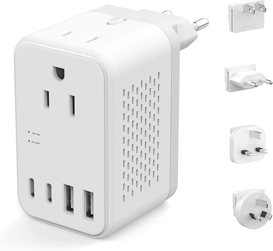 2000W 220V to 110V Voltage Converter US to Europe, Power Converter with Type C, A, G, I Plugs, 2 USB C & 2 USB A Ports, European Travel Converter for Hair Dryer, Curling Iron, Straightener, Chargers