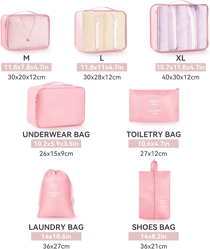 AnyZip Luggage Sets 10 Piece Hardshell Suitcase Set PC ABS Lightweight Travel Suitcases with 4 Double Spinner Wheels TSA Lock 20 24 28 Inch with 7 Storage Bags Pink