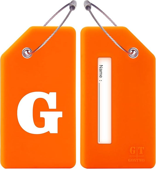 Gostwo 2 Pack Silicone Luggage Tags for Suitcases, 26 Initial Letter Baggage Labels Handbag School Bag Suitcase Instrument Tag with Stainless Steel Loop(Orange)(Letter G)