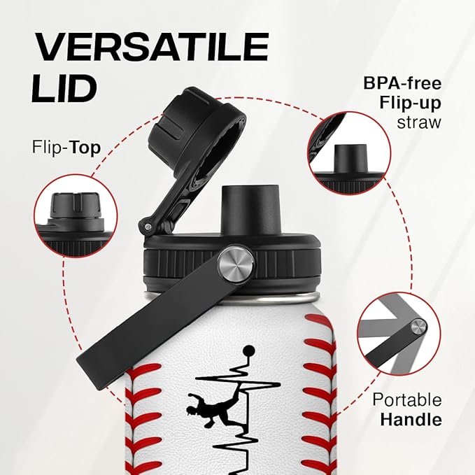 Baseball Water Bottle 32oz Stainless Steel Insulated Bottle for Men, Women, Sports Lovers - Baseball Gifts for Birthday, Christmas