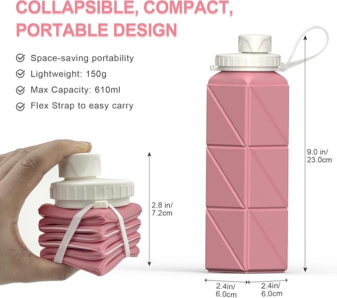 Collapsible Water Bottles 20.6oz 2 Pack, Silicone Foldable Portable Travel Water Bottle, BPA-Free Reusable Leakproof for Travel Camping Hiking Cycling Yoga Sports Outdoor (Pink+Starlight)