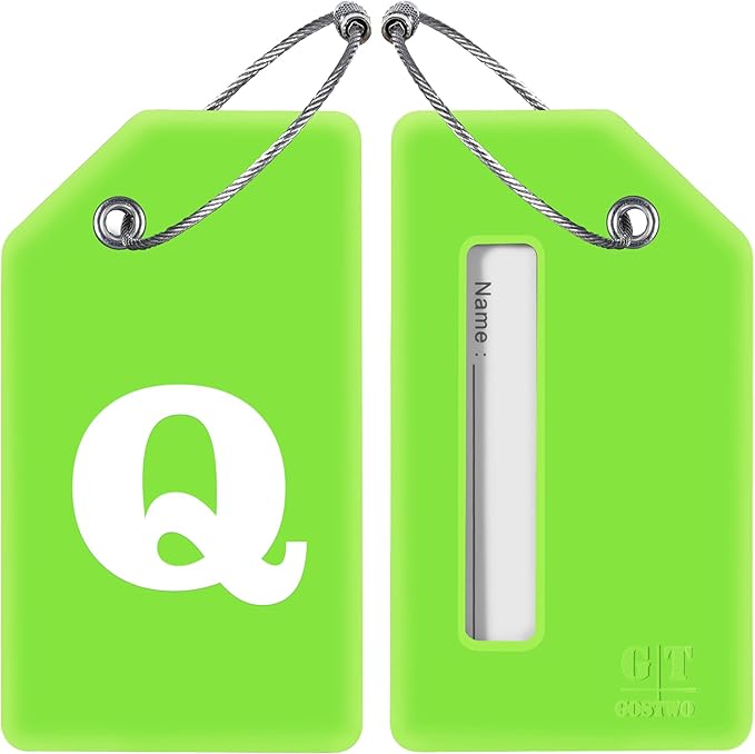 Gostwo 2 Pack Silicone Luggage Tags for Suitcases, 26 Initial Letter Baggage Labels Handbag School Bag Suitcase Instrument Tag with Stainless Steel Loop(Green)(Letter Q)