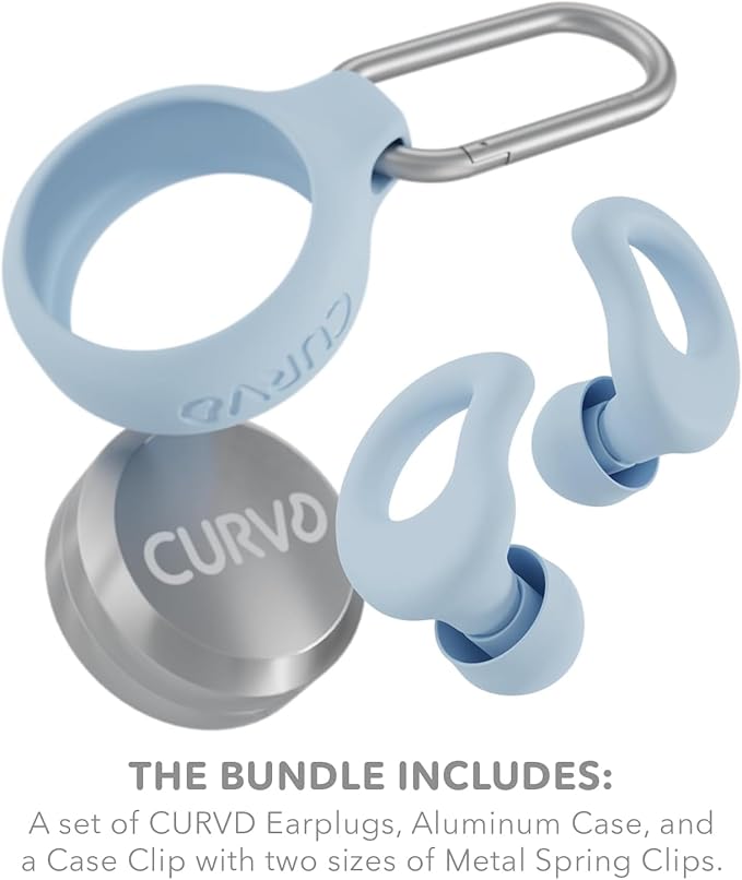 CURVD Everyday Earplugs + Case Clip Bundle, Perfect Ear Plugs for Sleep, Travel, Noise Sensitivity/canceling + Portable Waterproof Container & Silicone Sleeve for Ear Plugs(Blue)