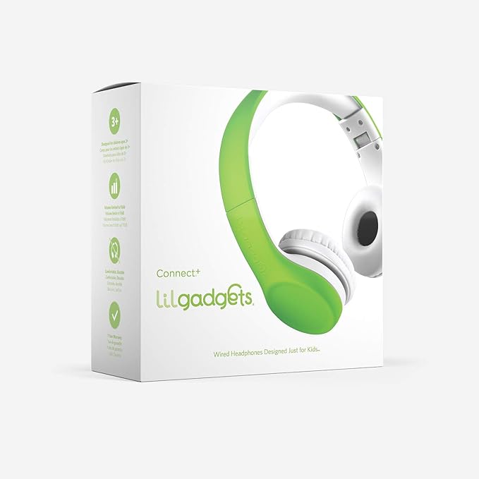 LilGadgets Connect+ Foldable Headphones, Adjustable Fit Soft Touch Padding for Kids with Mic, Volume-Limited & Noise Reduction On-Ear Wired Headset for School with SharePort - Green, Ages 3-14
