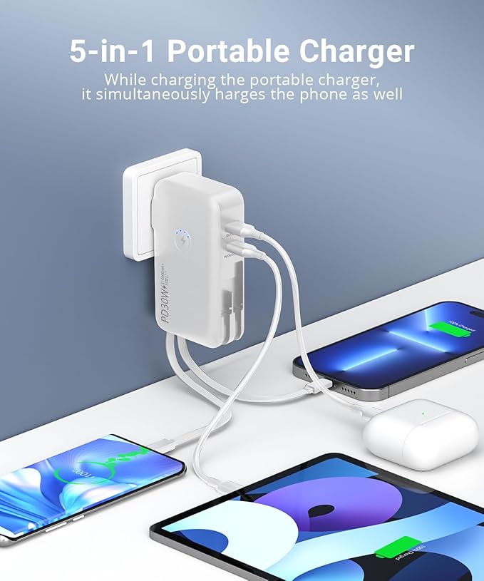 QiSa Portable Charger, Power Bank, 16000mAh Power Bank Built-in AC Wall Plug and Cables, PD 30W and QC4.0 Fast Charger for iPhone and Android Phones and Most Electronic Devices (White)