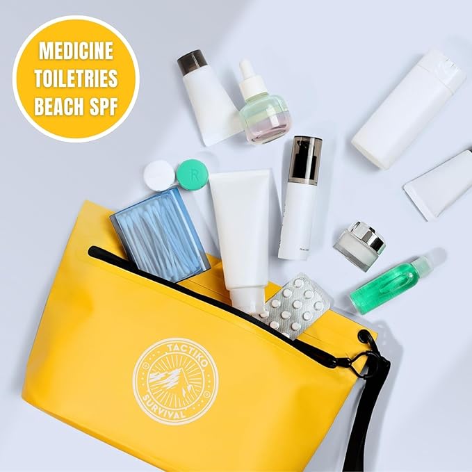 Tactiko 3L Water Resistant Pouch - Waterproof Material w/Splashproof Zipper - Hold All Zipper Bag for Storage, Toiletries, Travel, Beach, Cruise, Home (Yellow)