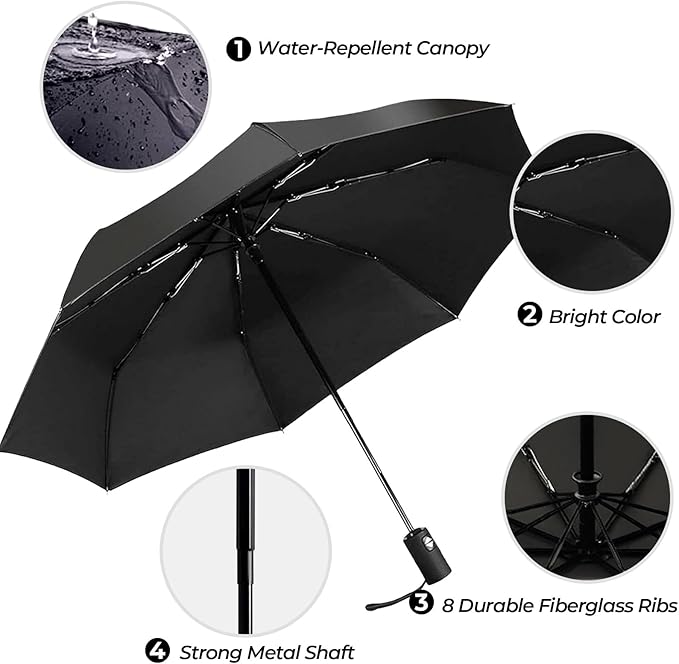 LLanxiry Compact Travel Umbrella, 44" Canopy, Automatic Open/Close Windproof Umbrella, 210T Pongee, 8-Rib Fiberglass, Travel Size Mini, Portable Rain/Sun Umbrellas UPF 50+ with Cover