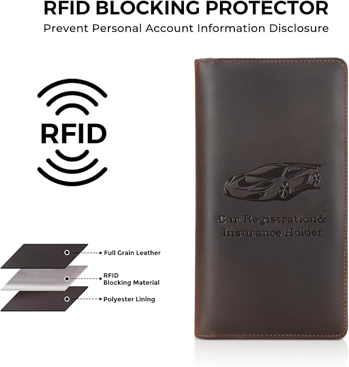 Polare Vintage Full Grain Leather Car Registration and Insurance Card Holder, Vehicle Glove Box Organizer Car Essentials RFID Wallet Case for Driver License, Cards & Documents