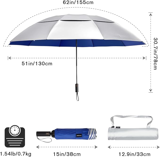 Prospo 46/62 Inch Large Travel Umbrellas for Rain Windproof, 10 Ribs Compact Reverse Folding Golf Umbrella, Double Canopy Automatic Open Close