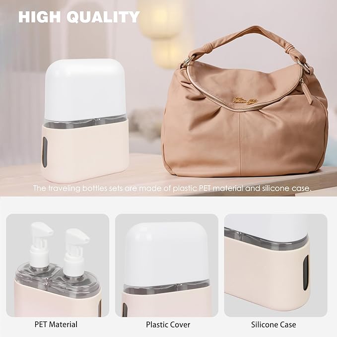 Songaa Travel Bottles Leak Proof, 2 in 1 Travel Containers for Toiletries, Refillable Plastic Bottles with Lid, Travel Accessories Shampoo Conditioner Bottles Beige
