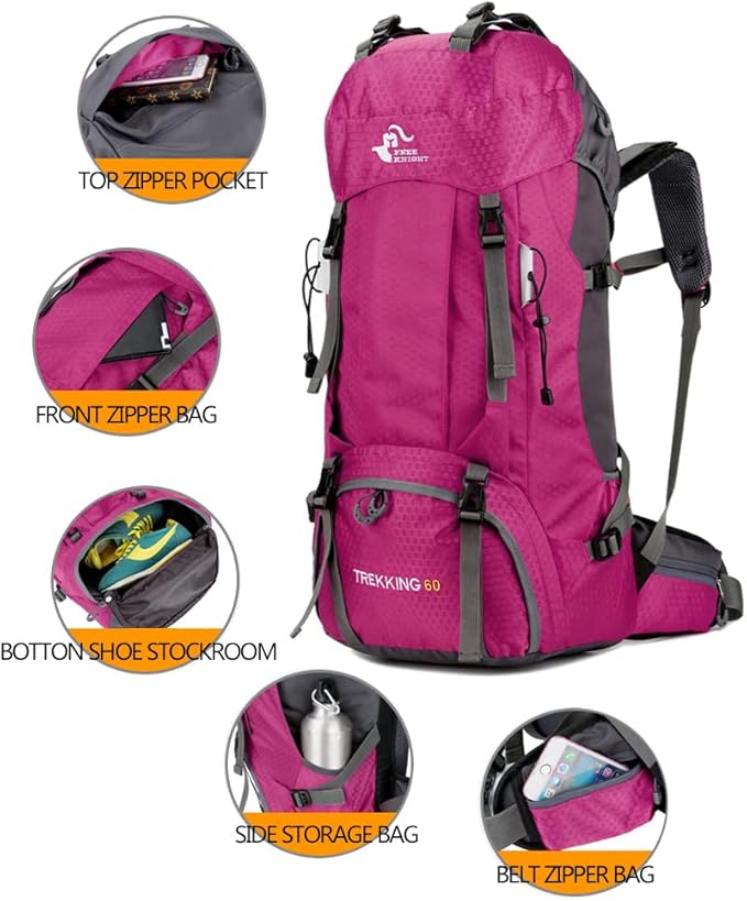 Bseash 60L Waterproof Hiking Camping Backpack with Rain Cover, Large Outdoor Sport Travel Daypack Rucksack for Climbing