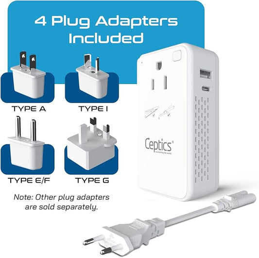 Ceptics 200W Step Down Voltage Converter - 220v to 110v Voltage Converter for Curling Iron, Straightener, Charger – USB-A & C Fast Charging – Type C Power Cord with A, G, I, E/F Plugs Included