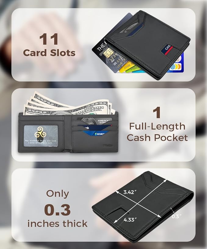 7worldlet Slim RFID Blocking Wallets for Men Synthra™ Ultra Leather Bifold Minimalist Wallet 11 Cord Holder Thin Mens Wallet with Gift Box (Black+Black)