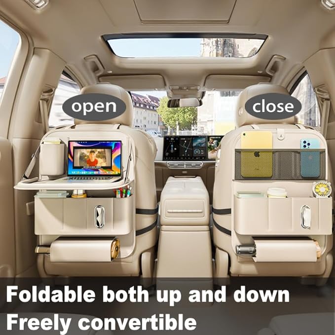 GMQ Backseat Car Organizer with Tray 1 Pack,Car Backseat Organizer with Foldable Table for Kids,Multifunctional Seat Back Organizer with Storage Pockets Car Storage Organizer (Beige)