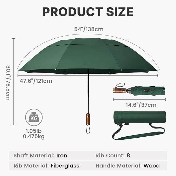 G4Free 54 Inch Inverted Windproof Umbrella with Wooden Handle, Large Double Canopy Auto Open & Close Golf Umbrella, Portable & Durable Rain Umbrella, Fits Car & Backpack