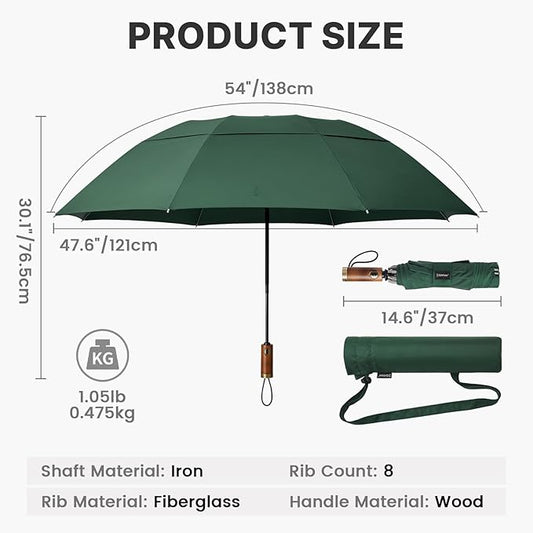 G4Free 54 Inch Inverted Windproof Umbrella with Wooden Handle, Large Double Canopy Auto Open & Close Golf Umbrella, Portable & Durable Rain Umbrella, Fits Car & Backpack