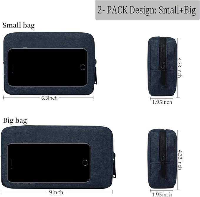 Electronic Organizer Accessory Pouch, Travel Electronic Accessories Storage Case Cable Organizer Bag for MacBook Charger, Power Bank, Hard Drive, Cords, Laptop Mouse (Small+Big, Navy Blue)