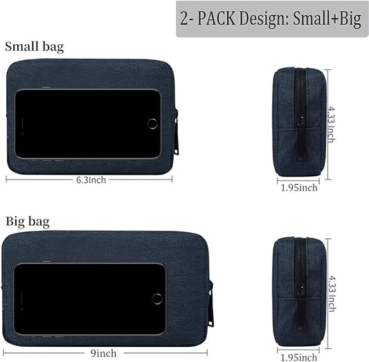 Electronic Organizer Accessory Pouch, Travel Electronic Accessories Storage Case Cable Organizer Bag for MacBook Charger, Power Bank, Hard Drive, Cords, Laptop Mouse (Small+Big, Navy Blue)