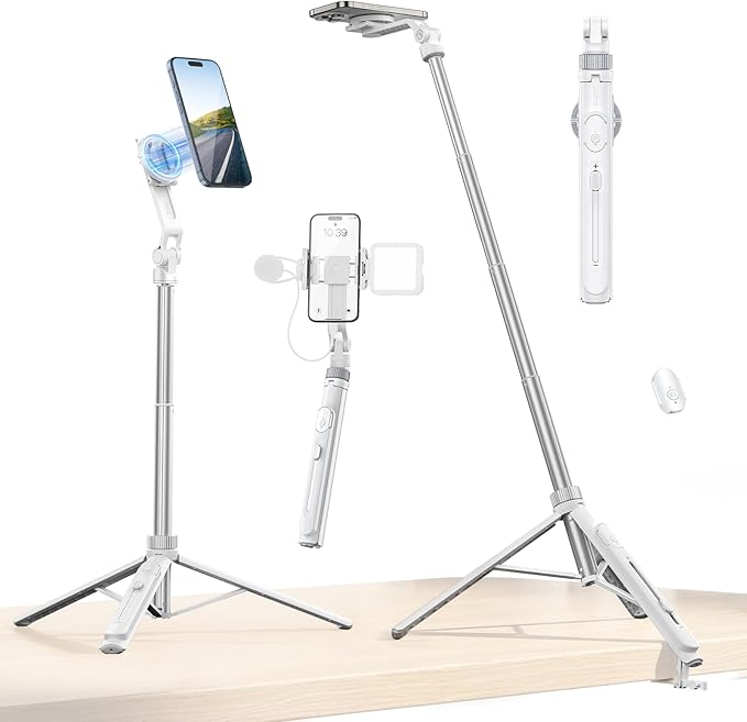 ULANZI TT88 Magnetic Tripod for iPhone 17, 57" Extendable Selfie Stick w Remote, 2-in-1 Phone Clip & Dual Cold Shoe Mounts-Lightweight Phone Tripod Stand for Vlogging, Travel, Video Recording, White