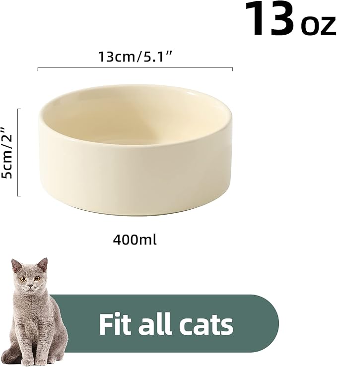 Ceramic 5.1inch Set of 2 Dog and Cat Bowls, 2pcs Anti-Slip Food and Water Feeder Dishes for Puppies, Kitties, Cats(2 Bowls, Beige)