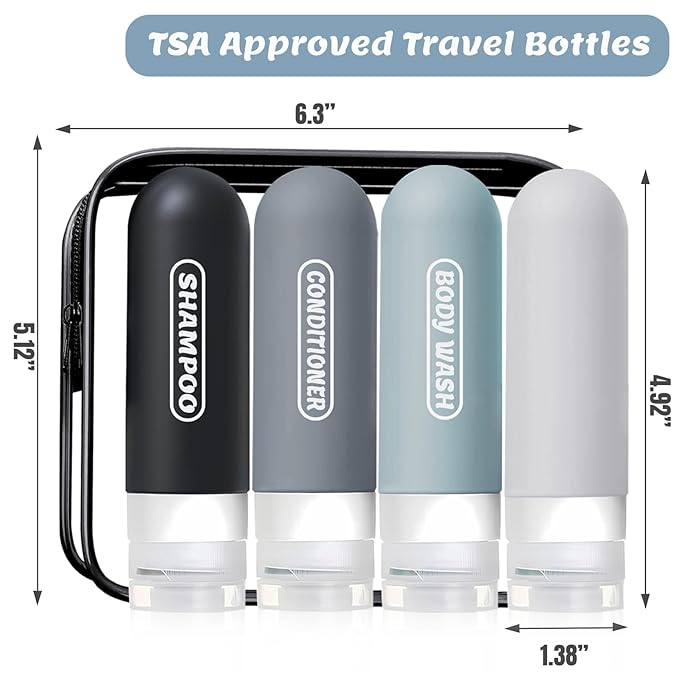 Silicone Travel Bottles for Toiletries with Labels, 3oz TSA Approved Squeezable Travel Size Containers, Leak Proof Travel Shampoo and Conditioner Bottles with Toiletry Bag (4 Pack, Dark Color)