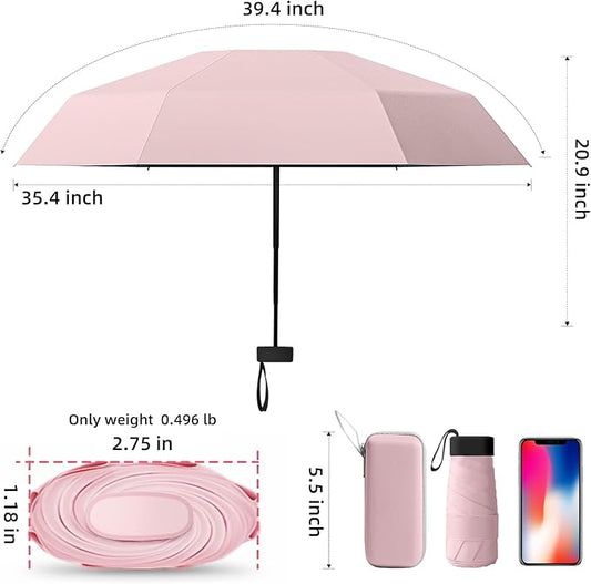 Travel Mini Compact Folding Umbrella with Case - UV Sun & Rain Protection, Lightweight Portable Pocket Umbrella for Women Men Kids, Fits Purse Backpack