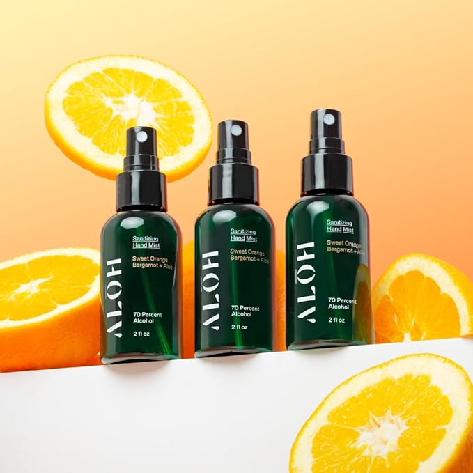 ALOH Hand Sanitizer Spray Liquid 3-pack | Sweet Orange Bergamot + Aloe | 70% Alcohol Hydrating Hand Sanitizer Spray with Essential Oil, for Kids & Adults | 2oz Travel Size Bottle (set of 3)