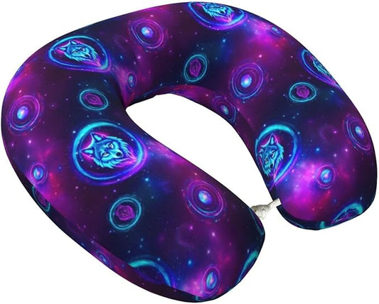 Funny Neck Pillow Support for Car Flight Rest Purple Blue Galaxy Starry Sky Wolf, Memory Foam U Shaped Decor Head Cushion for Home Outdoors Travel