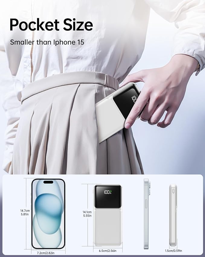 Portable Charger with Built in Cable - Power Bank Fast Charging USB C LED Display 10000mah Battery Pack 5 Outputs & 3 Inputs for Travel Essentials iPhone Samsung Android Phones Tablets Grey