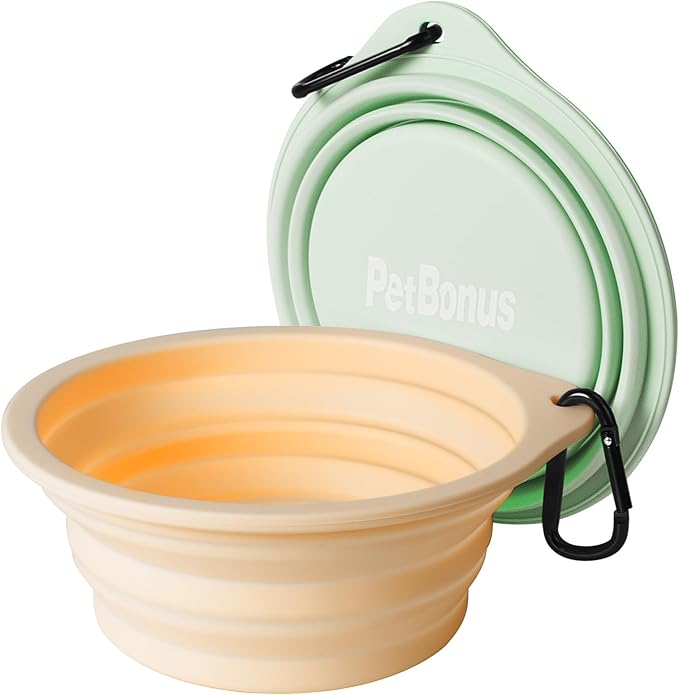 PetBonus 2-Pack Silicone Collapsible Dog Bowls, BPA Free Dishwasher Safe, Portable Foldable Expandable Travel Bowl, Food Water Feeding Cup Dish for Dogs Cats with 2 Carabiners(Light Mint,Beige Cream