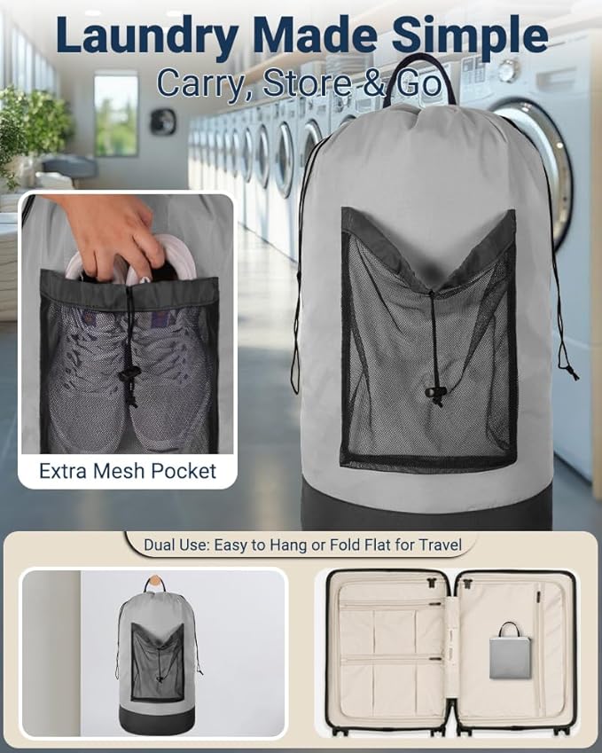 Laundry Bag with Shoulder Straps and Mesh Pocket Laundry Backpack Large Portable Laundry Hamper for College Laundromat Apartment