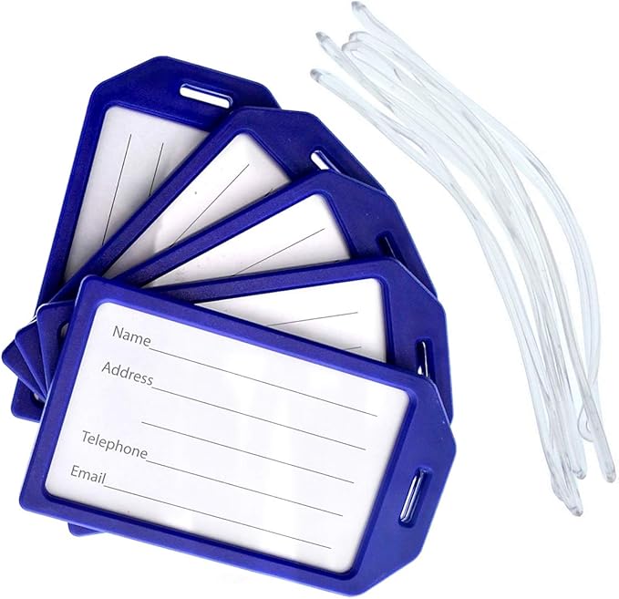 5 Pack of Premium Rigid Airline Luggage Tag Holders with 6" Worm Loops - Heavy Duty Hard Plastic -Suitcase ID Tag Identifiers with Business Card Insert Window by Specialist ID (Navy Blue)