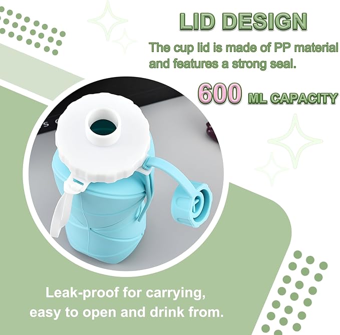 JINGYAN Collapsible Water Bottle 20oz, BPA-Free Silicone Foldable Design with Leak-Proof Lid & Lanyard - Portable Travel Water Bottle for Hiking, Gym, Camping (Pink)