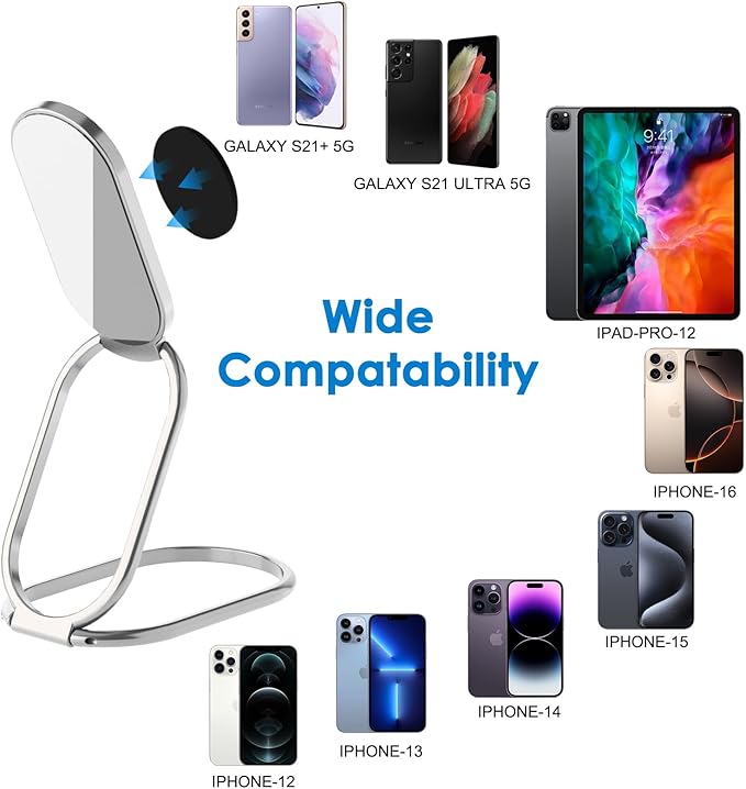 Phone Holder Foldable Phone Stand Phone Ring Holder Finger Kickstand 360° Rotation Cell Phone Stand Metal Phone Grip for Magnetic Car Mount Sticky Phone Grip Compatible with Most Smartphones