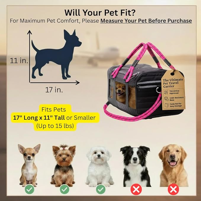 FLUFFY COMMUTE™ TSA Airline Approved Dog Carrier | Soft-Sided | Fits Small Dogs & Pets Up to 15 lbs & 17” Long × 11” Tall | Black w/Pink Handle