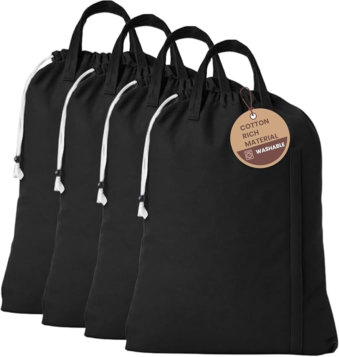 LFH Home Large Premium Cotton Canvas Laundry Bag with Drawstring and Handles Heavy Duty, Multi-Use, and Washable for Home, Travel, College or Storage 28x40 (Pack of 4)-Black