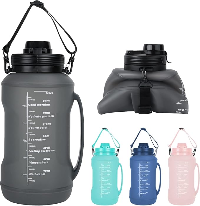 Collapsible Water Bottles, 2L/64OZ travel water bottle Bottle with Straw, Half Gallon Large Water Bottle for Travel Outdoor Sports Runing Fitness Yoga (Upgraded black)