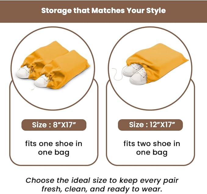 LFH Cotton Rich Shoe Storage Bags with Drawstring, Dustproof Breathable Reusable Organizer, Perfect For Travel, Dorm, Hotel, College, Gym, Easy to Carry, Machine Washable 8"x17" (Pack of 6) - Golden