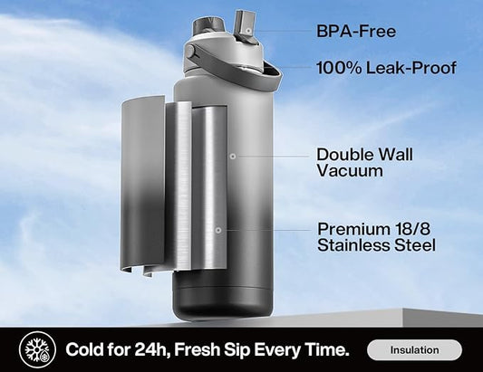 POWCAN 40 oz Insulated Water Bottle with 2-in-1 Straw and Spout Lid, Keep Cold 24H, Leak-Proof, BPA-Free, Double Wall Stainless Steel Water Bottle for Sports, Gym, Travel, and School (Obsidian)