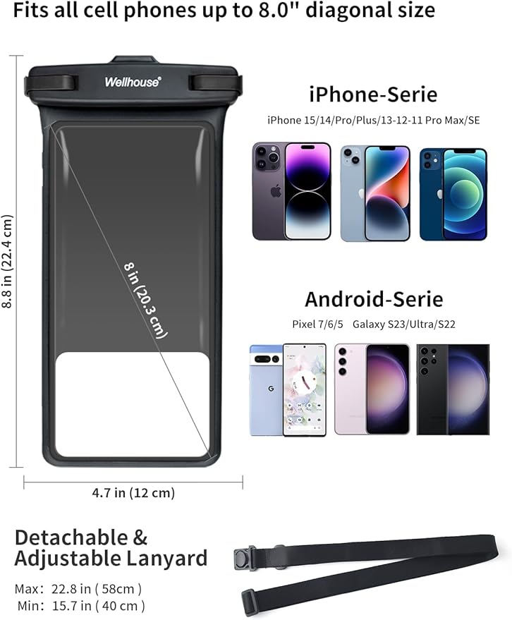 wellhouse Waterproof Phone Pouch, Waterproof Phone Case for iPhone 16 15 14 13 12 Pro Max XS Samsung, IPX8 3D Cellphone Dry Bag Beach Essentials (1 Pack - Black8.0, 8 inch)