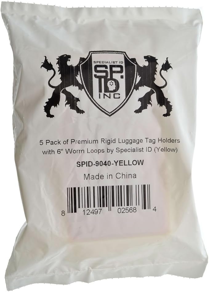 5 Pack - Premium Rigid Airline Luggage Tag Holders with 6" Worm Loops - Heavy Duty Hard Plastic -Suitcase ID Tag Identifiers with Business Card Insert Window by Specialist ID (Yellow)