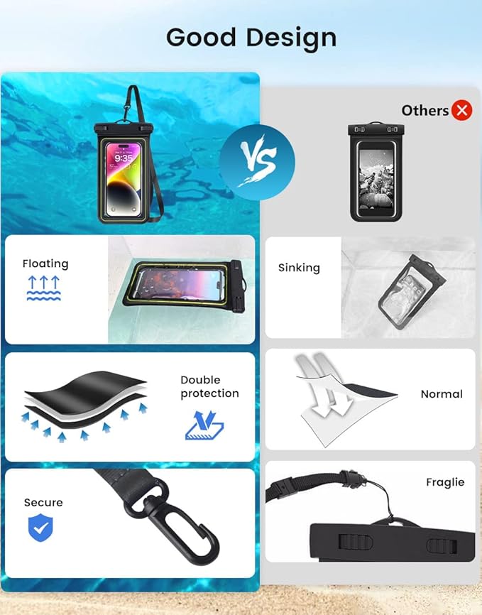 IP68 Waterproof Phone Pouch, Floating Waterproof Phone Case for iphone 16 15 14 13 Pro Max Xs Plus Galaxy S24+ S23 Pixel 8 with Detachable Lanyard,Cellphone Dry Bags Beach Vacation Essentials -2 Pack