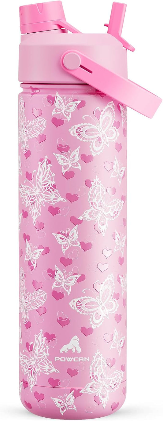 POWCAN 26 oz Insulated Water Bottle with 2-in-1 Straw and Spout Lid, Keep Cold 24H, Leak-Proof, Fits in Car Cup Holder, Stainless Steel Water Bottle for Sports, Travel, and School (Fluttering Amour)