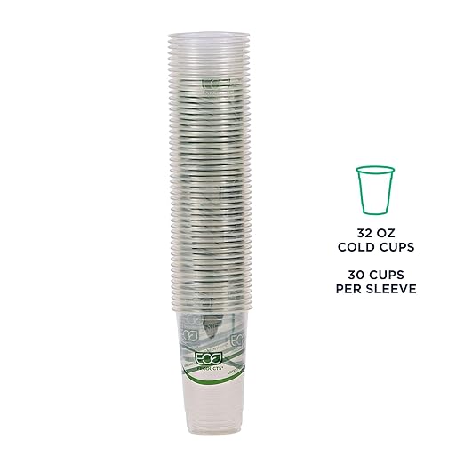 ECO PRODUCTS GreenStripe Clear Compostable 32oz PLA Large Plastic Cups, Case of 600, Disposable Renewable Plant-Based Cold Cups, For Cold Drinks & Snacks, BPI Certified, ASTM Compliant.
