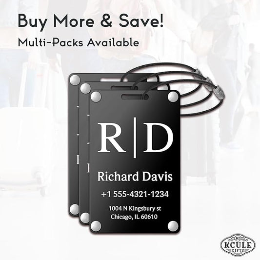 Personalized Luggage Tags for Suitcases - Monogram Style Aluminum Custom Luggage Tags for Backpacks & Bags, Sturdy, Waterproof & Heavy Duty (Black/Card-Sized)