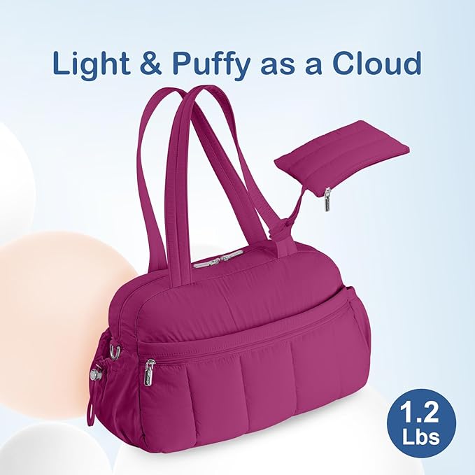 TOPDesign Travel Duffel Bag for Women, Puffer Gym Bag Sports Tote with Wet Pocket, Carry On Weekender with Luggage Sleeve (Dark Purple)