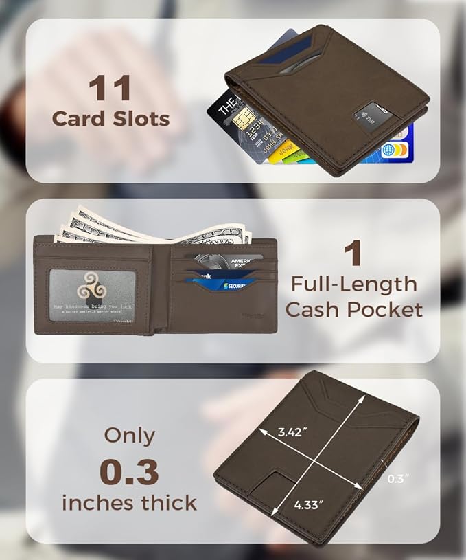 7worldlet Slim RFID Blocking Wallets for Men Synthra™ Ultra Leather Bifold Minimalist Wallet 11 Cord Holder Thin Mens Wallet with Gift Box (Brown)